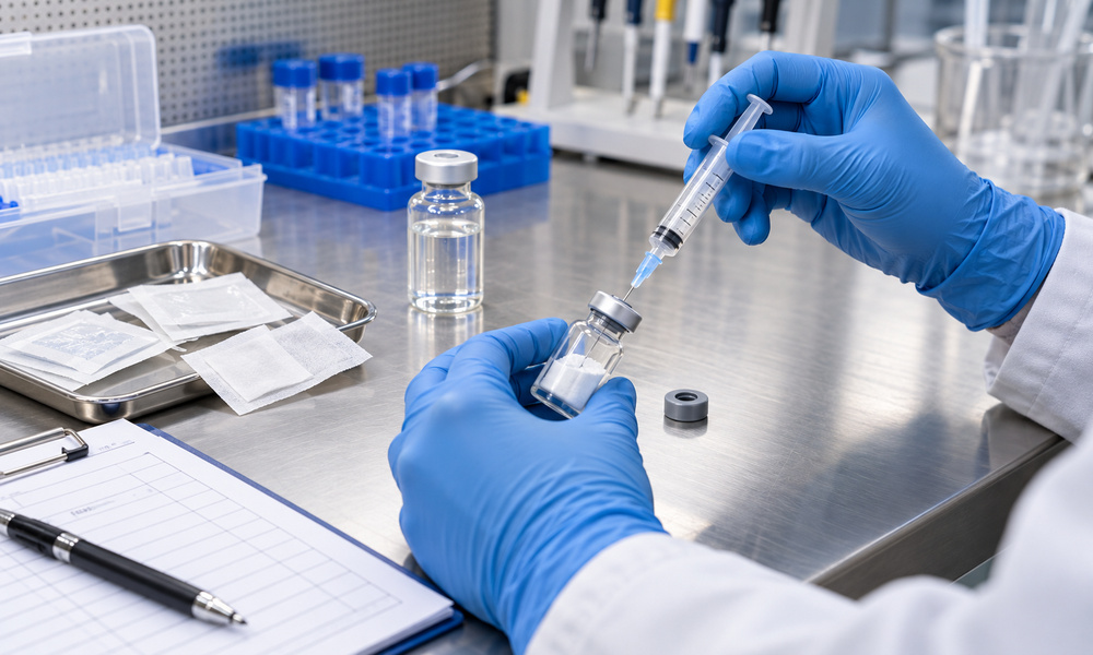 Sterile laboratory preparation scene relevant to research peptide handling.