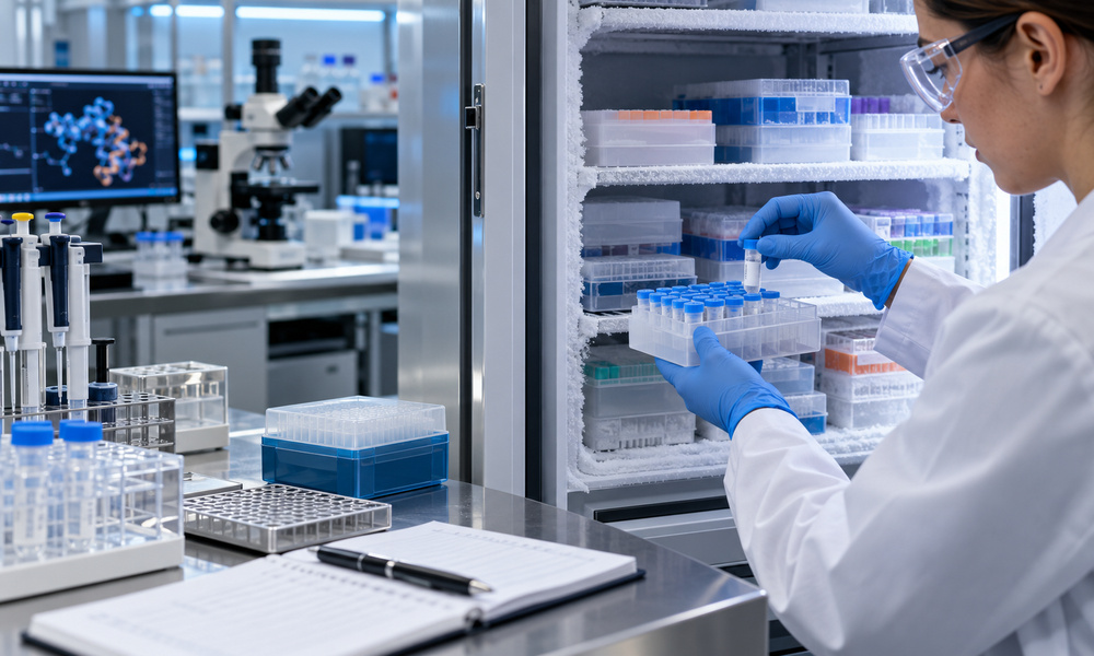 Nerolta research illustration for peptide lot batch traceability — frozen samples.