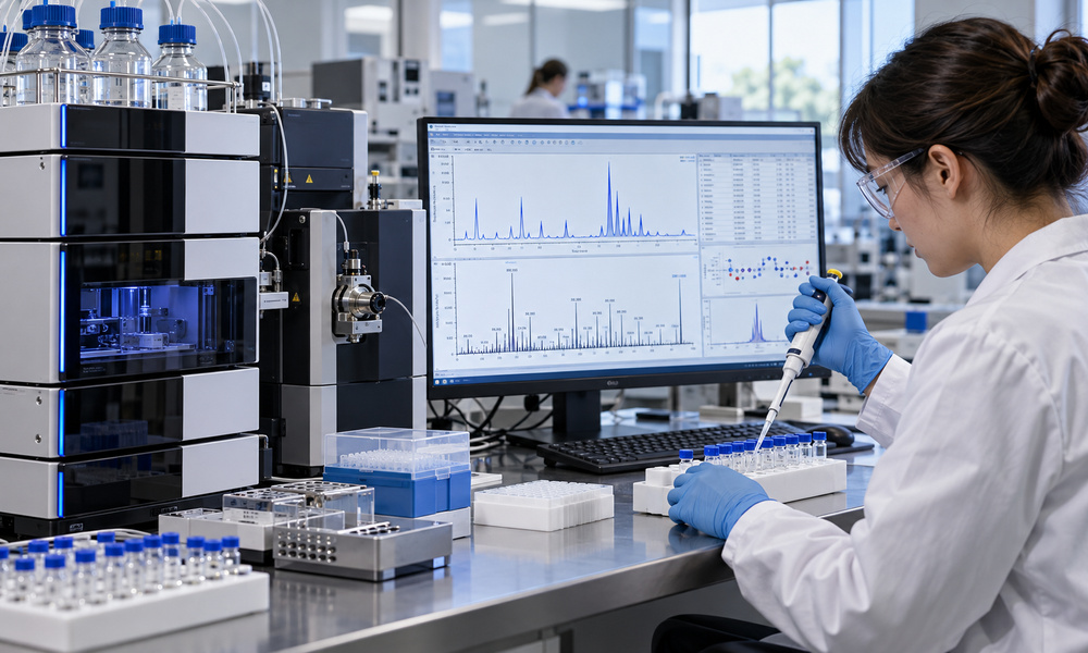 Nerolta research illustration for peptide purity vs content — analytical lab.