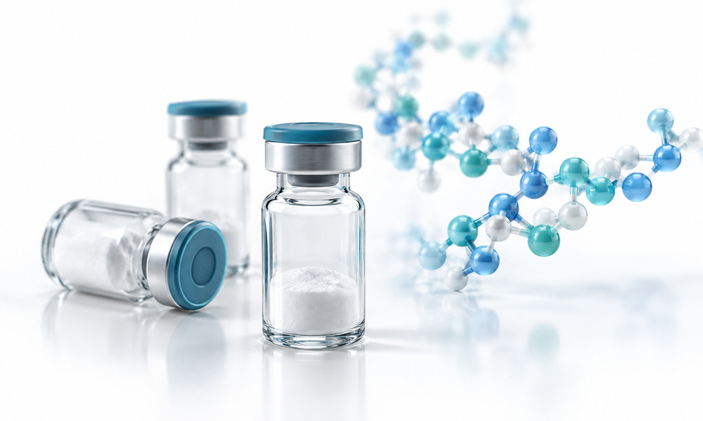Minimal clean featured image representing peptides and laboratory research on a white background.