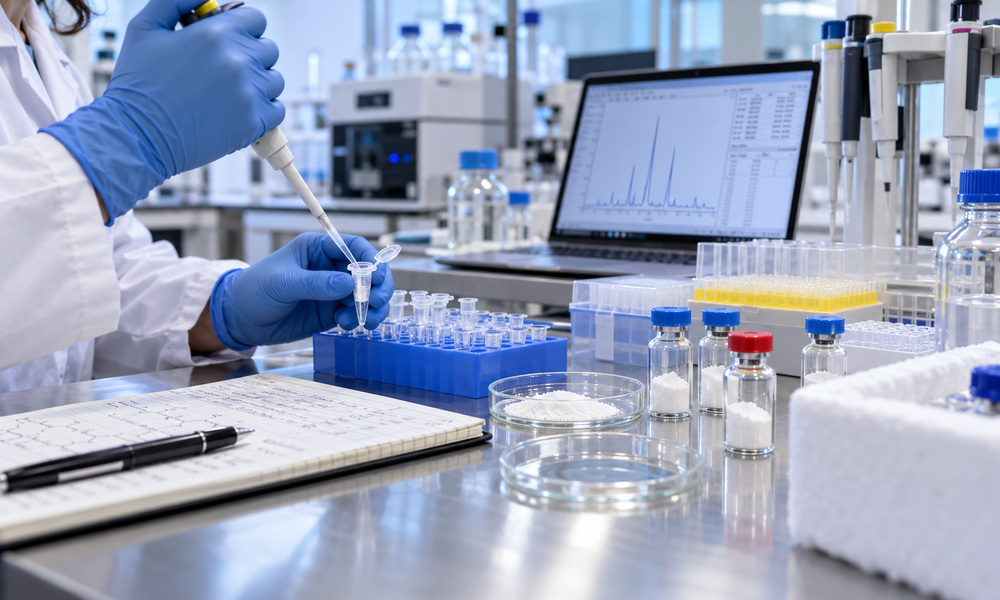 What is bpc-157 — scientific article illustration of biochem lab
